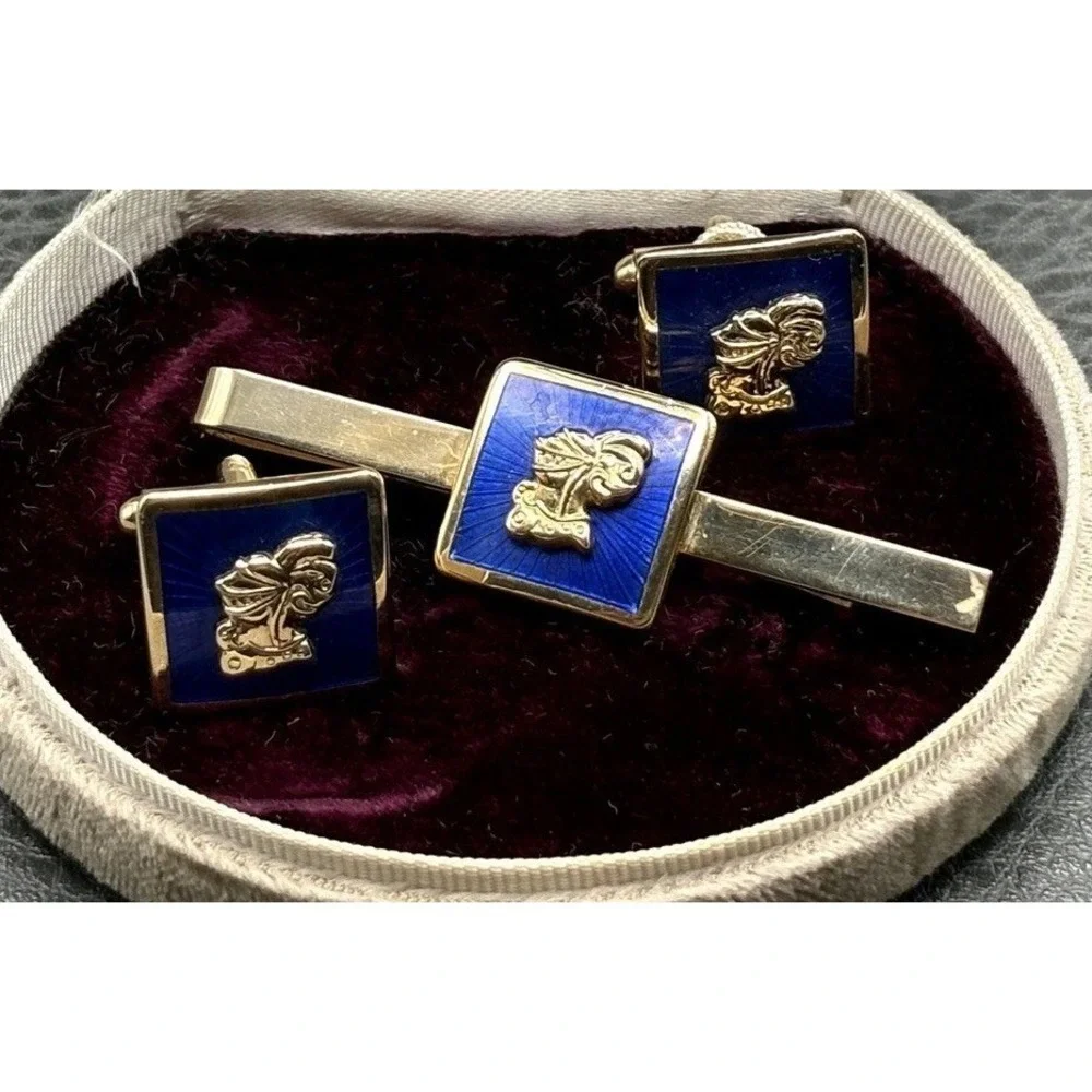 Vintage Knight Heraldic Soldier Blue Guilloche Enamel Cufflinks Tie Clip Set